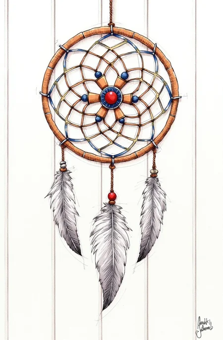 Sharp image of a rough sketch, rendered in vibrant multi colour ballpoint pen, capturing the adorable features of a dreamcatcher hanging on a white wooden wall. The dream catcher is made of a circular wooden frame with a white and brown color scheme. It has multiple layers of intricate patterns and designs, including circles, squares, and triangles. The center of the dream catcher has a red and blue bead in the center, surrounded by white and gray feathers. The feathers are arranged in a circular pattern, with some overlapping each other. The overall effect is a beautiful and intricate piece of art that is sure to add a touch of whimsy to any room. p3nsk, <lora:p3nsk:1>