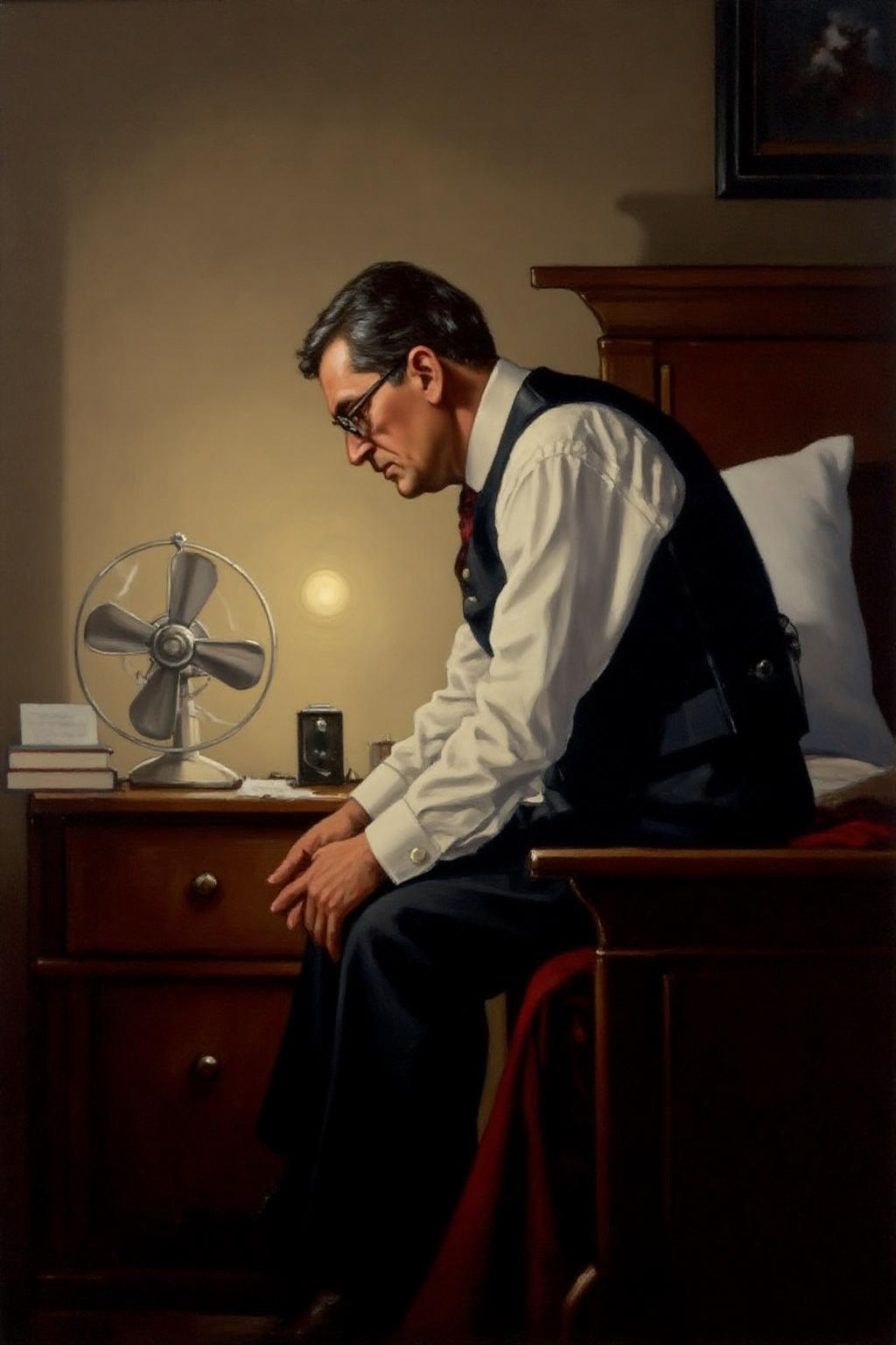 jackvettriano1 painting. 
A middle-aged man, shown in side profile, is sitting on the edge of a wooden bed, with his back hunched. He is wearing a white shirt and dark vest. He has dark hair and wears glasses. His hands are resting on his knees. On the left there is a nightstand with a fan, clock, and book. <lora:jackvettriano1_cap_d8a4e12:1.0><lora:851759234524672661:0>