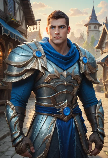 score_9, score_8_up, score_7_up, score_6_up, outdoors, fantasy village, detailed background, sunset, vibrant saturated color, 1boy, garen from league of legends, Garen Crownguard, blue scarf, pauldrons, brown hair, blue eyes, muscle, armor,