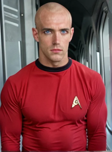 1boy, 20 year old male, Handsome, masculine, blonde, star trek, red shirt, muscle, tall, tight shirt, wide pectorals, big shoulders, wide shoulders, muscular neck, German, bald, big pale blue eyes,
stunf, star trek uniform,