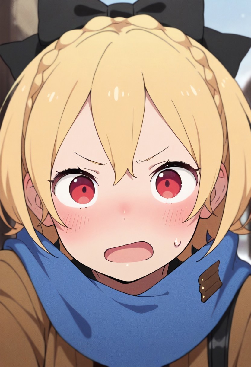masterpiece,best quality,amazing quality,  felt, short hair, blonde hair, red eyes, 1girl, solo, braid, scarf, open mouth, looking at viewer, bow, hair bow, black bow, blue scarf, sweatdrop, blush