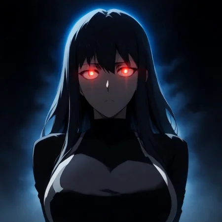 score_9, score_8_up, score_7_up, source_anime, expressive, anime, C0NTR4CT0R, speedlines, dynamic, 1girl, face_hidden, shadows, contrast, (long Hair:1.3), revealing clothing, body silhouette, shadows, large breasts, red_pupils, glowing, glowing eyes, BL4CK3STBL4CK, black_theme, matte_color, flat_color