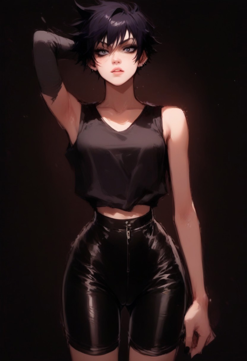 score_9, score_8_up, score_7_up, 1girl, tomboy, boyish, marimacho, cowboy shot, narrow pelvis, narrow waist, wide hips, skinny, deportive clothes, gym clothes, pretty face, detailed face, tank top, bike shorts, cameltoe, goth girl, dab bitch, playboy pose, perfect eyes, perfect iris, looking at the viewer
