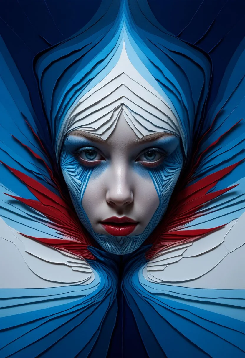 layered papercut, mysterious face, an exotic girl in artsy clothing, fading backlit background, (deep sea fading white to deep blue/red), alluring goddess, by Minjae Lee, Carne Griffiths, Emily Kell, Steve McCurry, Geoffroy Thoorens, Aaron Horkey, Jordan Grimmer, Greg Rutkowski, amazing depth, double exposure, surreal, geometric patterns, intricately detailed, bokeh, perfect balanced, deep fine borders, artistic photorealism , smooth, great masterwork by Suiras <lora:add-detail-xl:2> <lora:Double_Exposure:0.5>