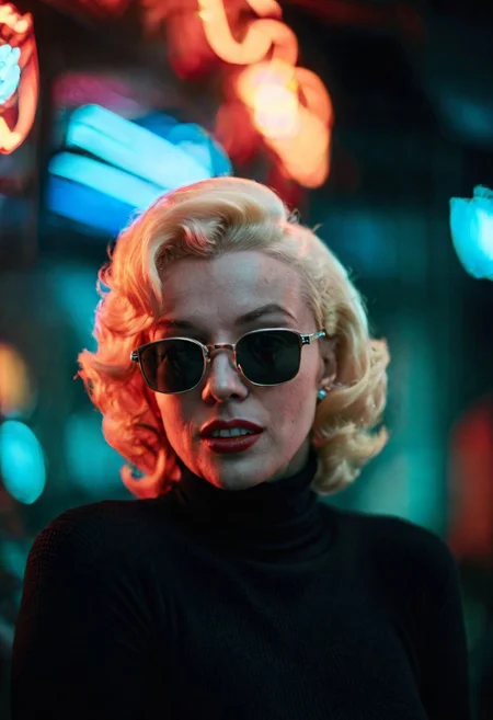 cinematic photo, neon lights, closeup portrait photo of Marylin Monroe in her 20s wearing a (black turtleneck:1.2) and sunglasses, highly detailed, depth of field, (blurry background:1.2), fflix-npt