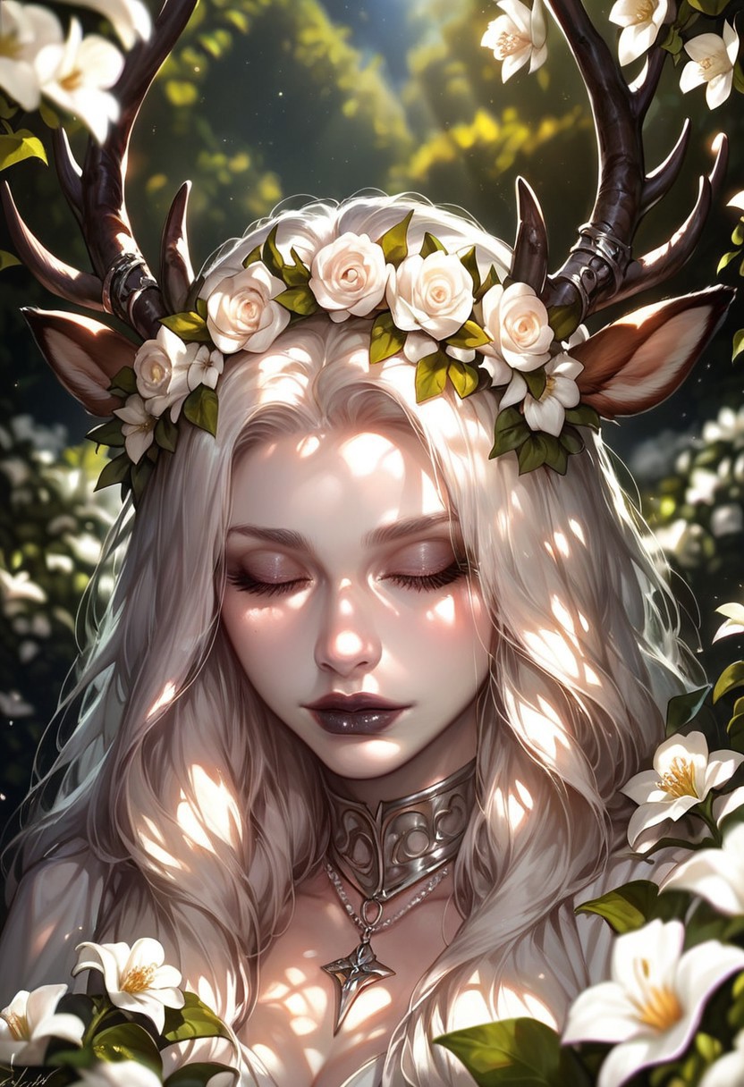 score_9_up, score_9, score_8_up, score_8, score_7_up, score_7, cinematic lighting, raw, high quality, 4k resolution, absurdres, masterpiece, dynamic lighting, high contrast, morimee_style, detailed face, dramatic lighting, sfw,
1girl, cute, mature, (((((pale skin))))), ((white hair)), ((long hair)), closed eyes, black makeup, black lipstick, white flowers, flower in hair, (big:1.5 deer horns), ((silver jewelry)), ((white wreath)), looking at viewer,
(close view), [[side view]],
((garden background, white flowers)), ((night background)), blurred foreground, blurred background, depth of field