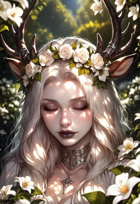 score_9_up, score_9, score_8_up, score_8, score_7_up, score_7, cinematic lighting, raw, high quality, 4k resolution, absurdres, masterpiece, dynamic lighting, high contrast, morimee_style, detailed face, dramatic lighting, sfw,
1girl, cute, mature, (((((pale skin))))), ((white hair)), ((long hair)), closed eyes, black makeup, black lipstick, white flowers, flower in hair, (big:1.5 deer horns), ((silver jewelry)), ((white wreath)), looking at viewer,
(close view), [[side view]],
((garden background, white flowers)), ((night background)), blurred foreground, blurred background, depth of field