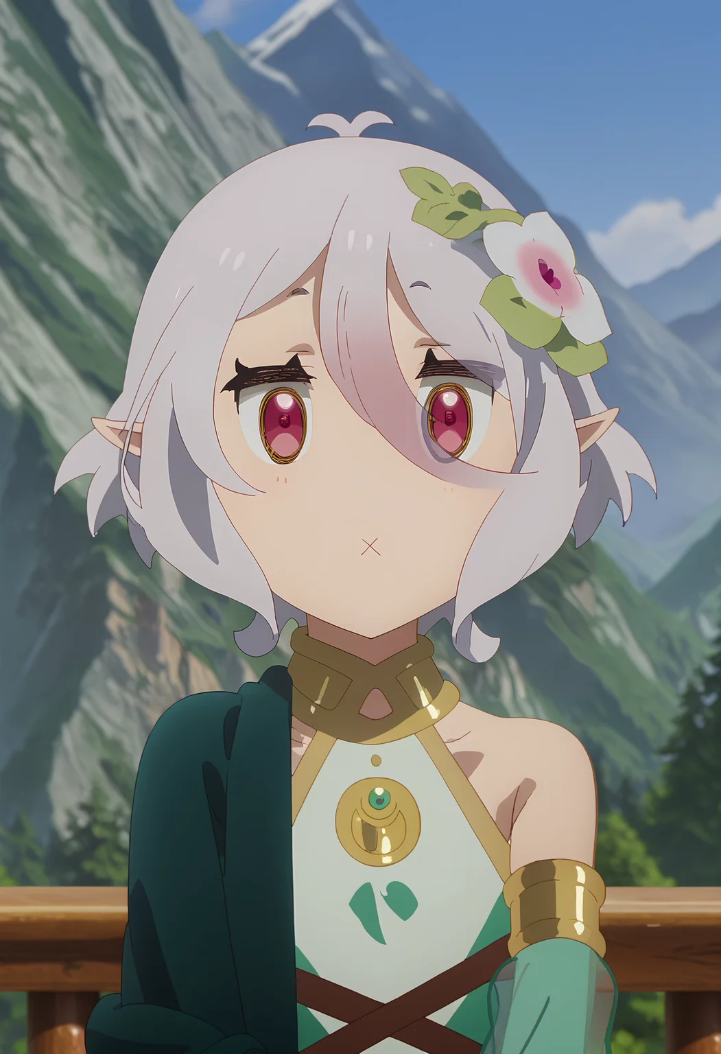 score_7_up, anime screencap, close-up,
<lora:PrincessConnect_KokkoroXL:0.9>,
1girl, solo, constricted pupils, wide-eyed, tight lipped, jitome, parody, meme,
short hair, white hair, antenna hair, magenta eyes, pointy ears, hair flower,
KokkoroPC, sleeveless dress, armlet, gold trim, asymmetrical clothes, green cape, strap,
standing, looking at viewer, own hands together,
blurry background, mountains, scenery, <lora:Concept_KokkoroXFace_XL:1>
