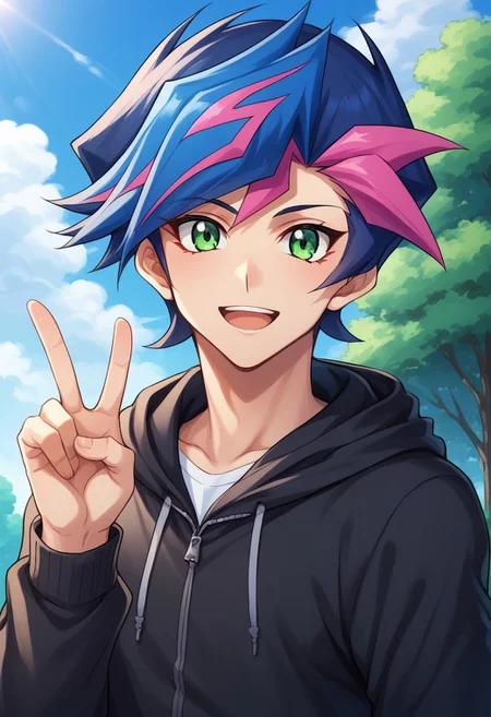 score_9, score_8_up, score_7_up, source_anime, highly detailed, 
yusaku, 1boy, green eyes, male focus, solo, blue hair, v, multicolored hair, hood, pink hair, hoodie, open mouth,
smile, looking at viewer, upper body, two-tone hair, upper body,
outdoor, sky, tree, cloud