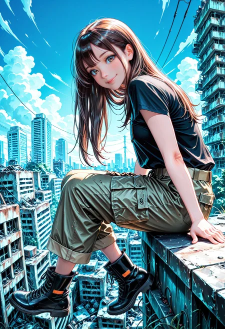 SmoothNoob_Quality, (ligne claire:1.2), (post-apocalypse), 1girl, solo, smile, long hair, brown hair,  sitting on top of very hight building at down town, smile, shirt, cargo pants, work boots, short sleeves, black shirt, looking at viewer, full body, from side, outdoors, blue sky, cloud, city,building,  scenery, power lines,<lora:SLE_v2:-0.5>​​​ <lora:Smooth_Booster_v3:0.5>