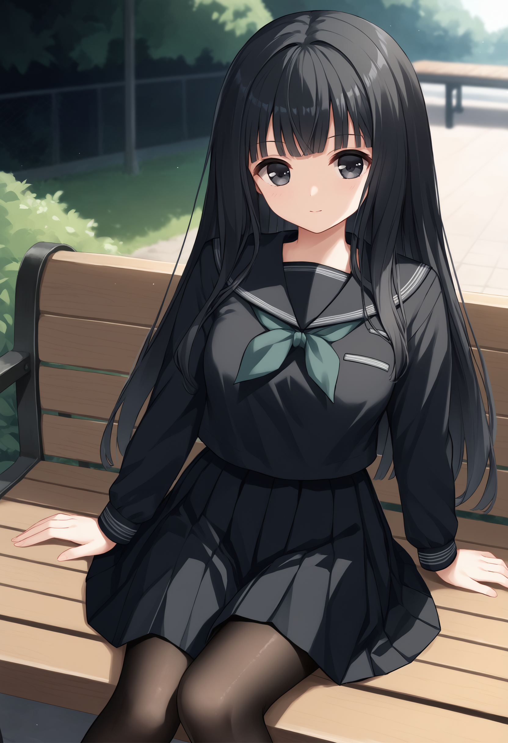 score_9, score_7_up, 1girl, Rinne, black hair, long hair, black eyes, black serafuku, green neckerchief, long sleeves, black skirt, black pantyhose, solo, looking at viewer,  sitting, bench, outdoors,   <lora:Rinne new 2:1>