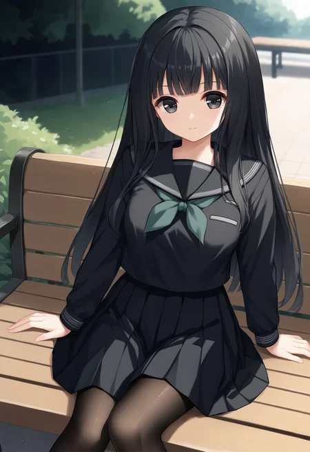 score_9, score_7_up, 1girl, Rinne, black hair, long hair, black eyes, black serafuku, green neckerchief, long sleeves, black skirt, black pantyhose, solo, looking at viewer, sitting, bench, outdoors, <lora:Rinne new 2:1>