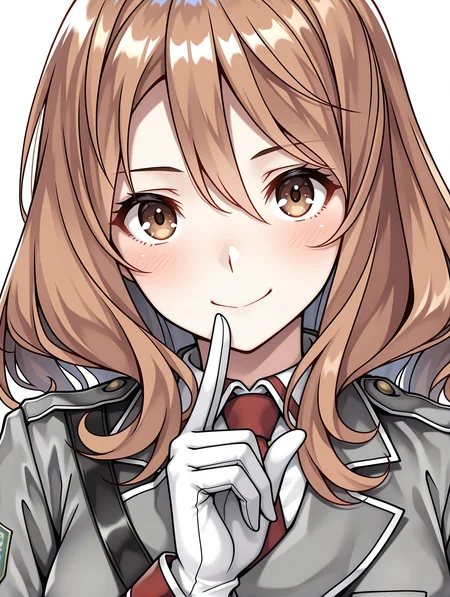 masterpiece,best quality,newest,
1girl,solo,
<lora:rail_clave_ilxl_v1.2:1>,rail_clave,brown hair,brown eyes,r_uniform,red necktie,ä¸ï·¿åå¸,military uniform,white gloves,belt,<lora:Fixhands_anime_bdsqlsz_V1:1>,dynamic_angle,cinematic_angle,looking_at_viewer,upper_body,light_blush,simple_background,white_background,smile,finger to mouth,