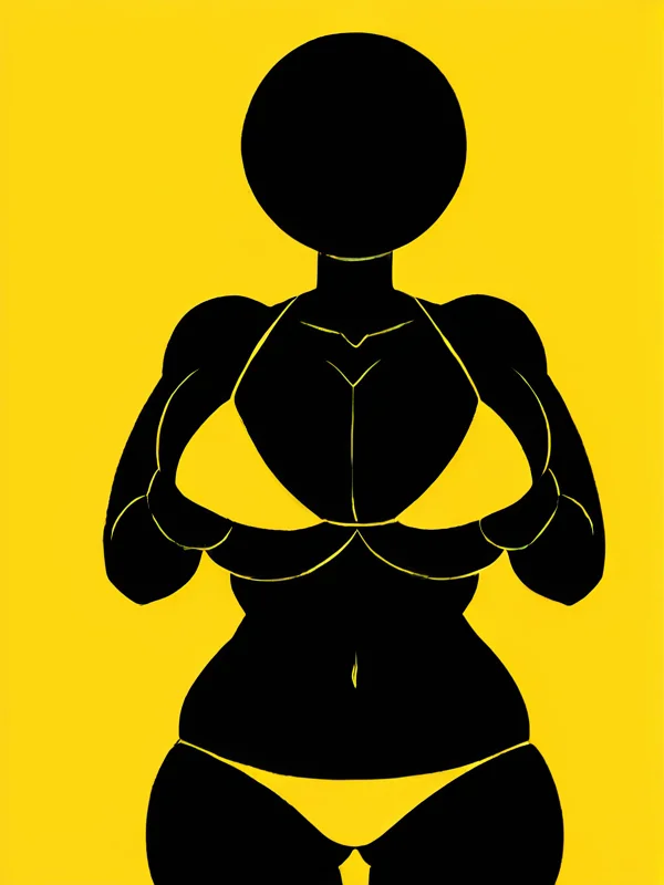 <lora:wrnsignPDXL_11b:1> yellow background, yellow lineart, black body, flat colors, front view, solo, humanoid, female, big breasts, yellow bikini, breast grab