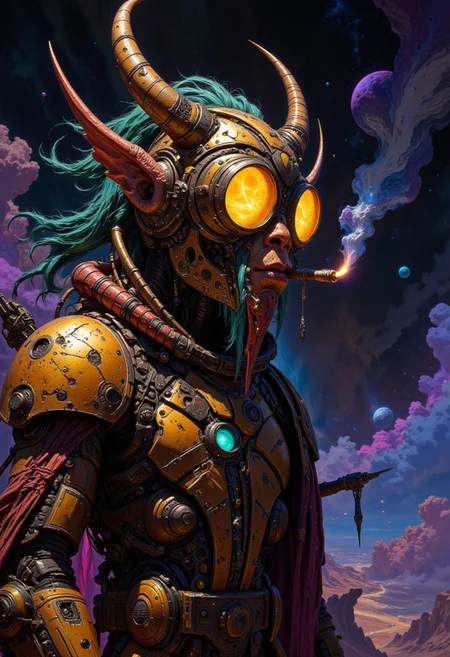 Futuristic orc mercenary with rugged goggles, a lit cigar, and battle-worn armor,
psychedelic space background, multi colored
