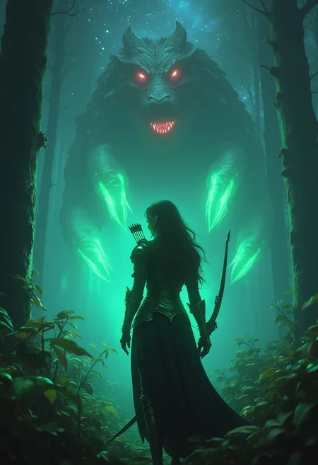 This high-resolution, fantasy-themed photograph captures an elf warrior standing tall in the center of an enchanted forest. The focus is on her intricate armor and glowing green bow, which illuminates her fierce expression. Her long hair flows in the mystical wind. In the background, a gigantic, translucent dragon with seven luminescent heads is seen emerging from the trees, its dark-red, blood-like essence glowing faintly. The forest is alive with bioluminescent plants and the Milky Way shining overhead. The scene is shot from a medium close-up, highlighting the elf’s readiness and bravery. Atmospheric haze, film grain, and a shallow depth of field create a magical, high-budget cinematic quality.