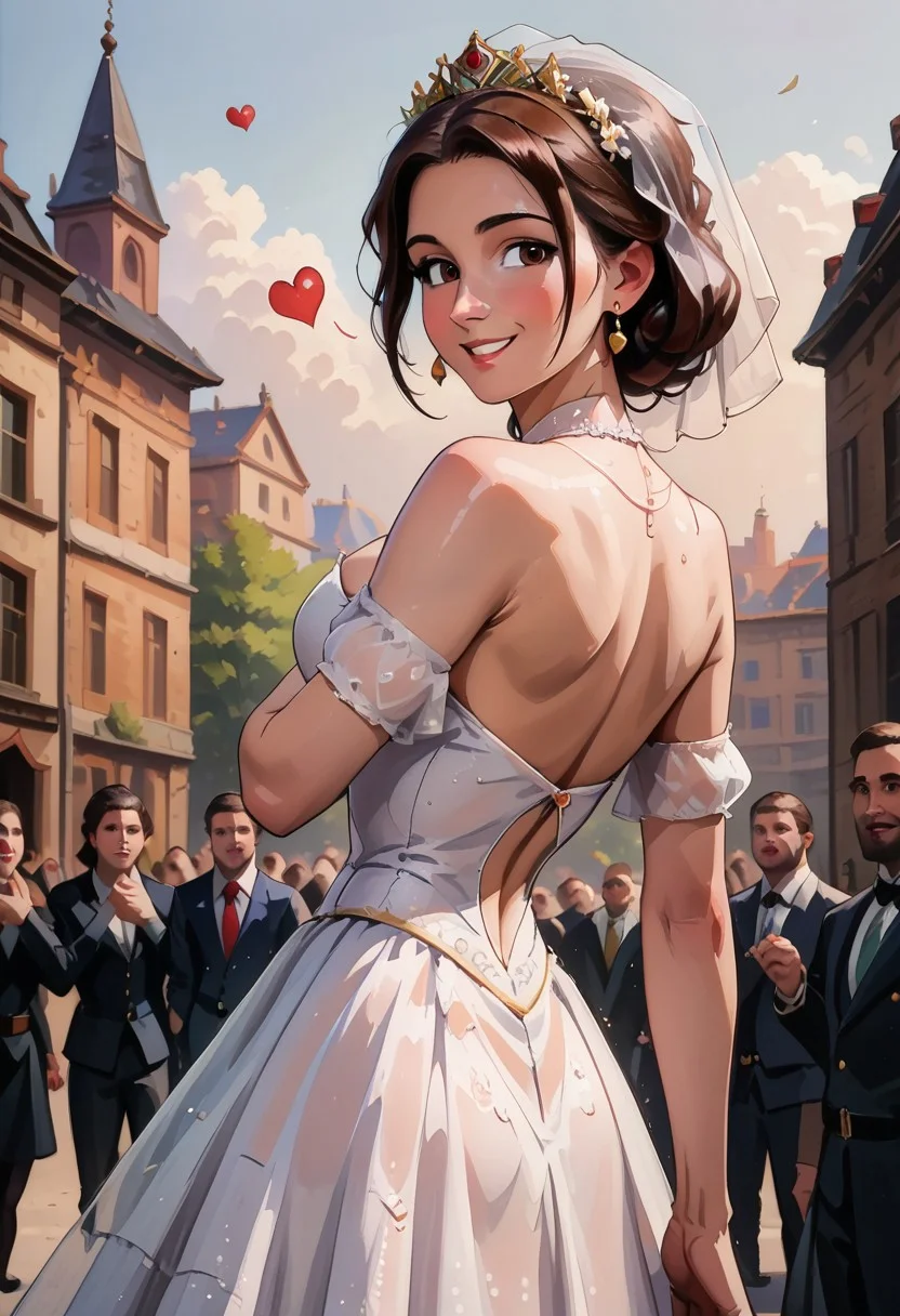 score_9, score_8_up, score_7_up, 1girl, beautiful young woman, sexy wedding dress, looking back at viewer, large sideboob, happy expression, motion lines, red hearts, masterpiece, cinematic light, painterly, faux traditional media, realistic, standing small crowd, dancing woman, Ballroom,