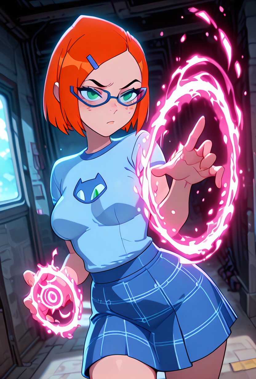 <lora:gwennerd-10:1> gwennerd, 1girl, solo, medium breasts, glasses, orange hair, short hair, hairclip, blue-framed eyewear, blue shirt, shirt over skirt, t-shirt, short sleeves, freckles, blue skirt, plaid skirt, green eyes, big mouth,  <lora:WeaponSpellBindIL:1> spell bind, pink powers, masterpiece, best quality, amazing quality, very aesthetic, absurdres, newest,
