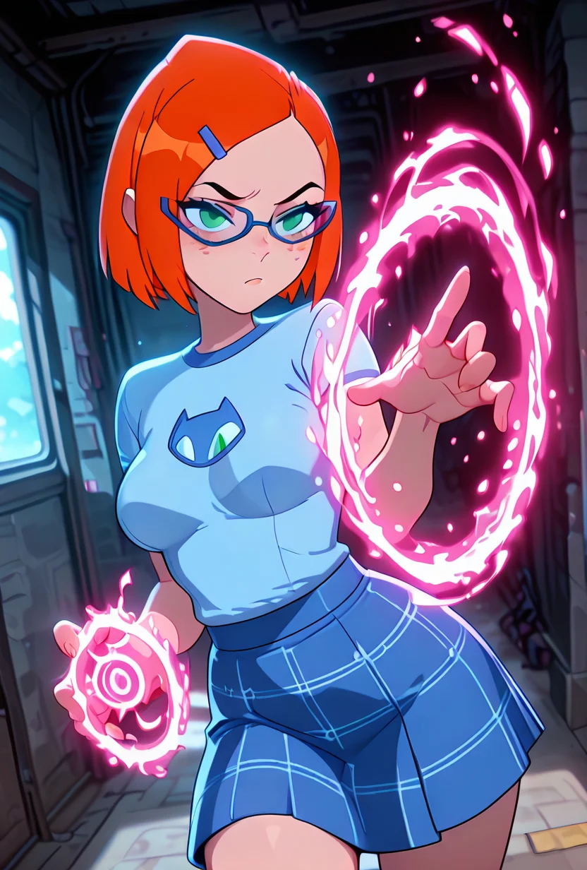 <lora:gwennerd-10:1> gwennerd, 1girl, solo, medium breasts, glasses, orange hair, short hair, hairclip, blue-framed eyewear, blue shirt, shirt over skirt, t-shirt, short sleeves, freckles, blue skirt, plaid skirt, green eyes, big mouth, <lora:WeaponSpellBindIL:1> spell bind, pink powers, masterpiece, best quality, amazing quality, very aesthetic, absurdres, newest,