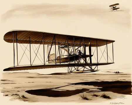 Wright_Flyer, small_aircraft, propeller, sepia ink sketch, dune airstrip, early aviation, masterpiece, best quality, amazing quality <lora:Mini list aircraft sdxl V1:1>