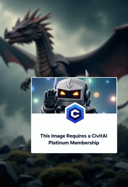 A very blurred, epic image of a dragon in the background, obscured by a cartoonish pop-up window. The pop-up shows a small toy-like droid/robot with its hand raised in a 'stop' gesture. Clear, large text at the bottom of the pop-up reads "This Image Requires a CivitAi Platinum Membership." The android's expression is serious, and the background remains blurry, indistinct and vague, adding to the sense of being locked out. The android has the civitaiLogo on its forehead.