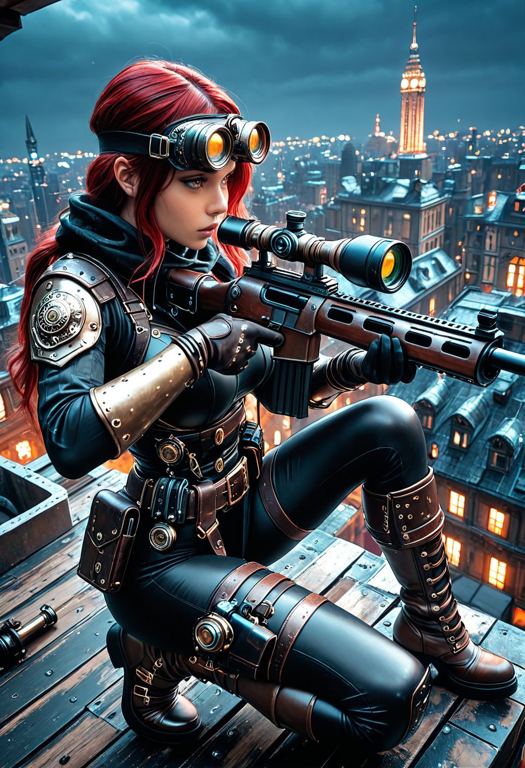 SmoothNoob_Quality, steampunk. 1girl, solo, black bodysuit, holster, holding gun, sniper rifle, aiming, on one knee, on roof, cityscape, night vision device, boots, night sky, dark, from side, cowboy shot, dynamic angle, <lora:Smooth_SteamPunk:0.5>  <lora:Smooth_Booster_v3:0.5>