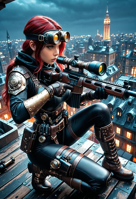 SmoothNoob_Quality, steampunk. 1girl, solo, black bodysuit, holster, holding gun, sniper rifle, aiming, on one knee, on roof, cityscape, night vision device, boots, night sky, dark, from side, cowboy shot, dynamic angle, <lora:Smooth_SteamPunk:0.5> <lora:Smooth_Booster_v3:0.5>