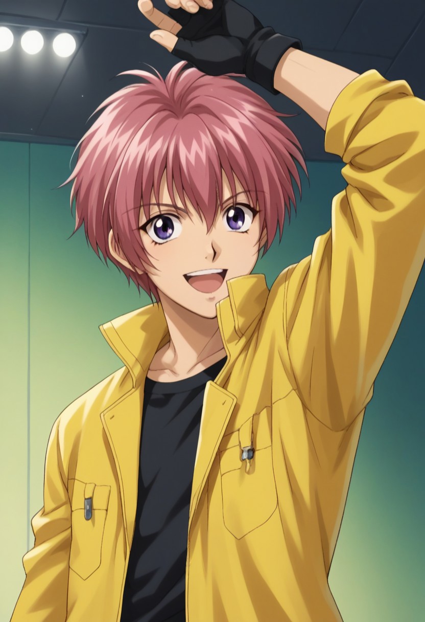 score_9, score_8_up, score_7_up, source_anime, highly detailed, 
ShuichiShindou, 1boy, solo, gloves, fingerless gloves, short hair, open mouth, smile, arm up, purple eyes.
pink hair, jacket, yellow jacket, open clothes, black gloves, open jacket,
looking at viewer, :d, upper body, shirt, black shirt
indoor, stage