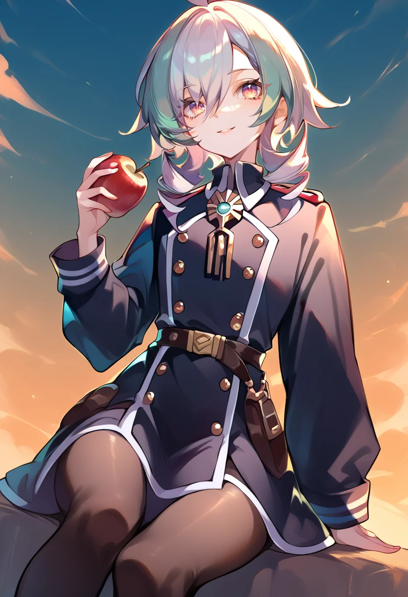 (score_9:0.9),score_8_up,score_7_up,anime style,rating_safe,(zPDXL),<lora:sky striker ace - camellia ponyXL v2:0.75>,sky striker ace - camellia,black military uniform,black pantyhose,solo,sitting,light smile,holding apple,