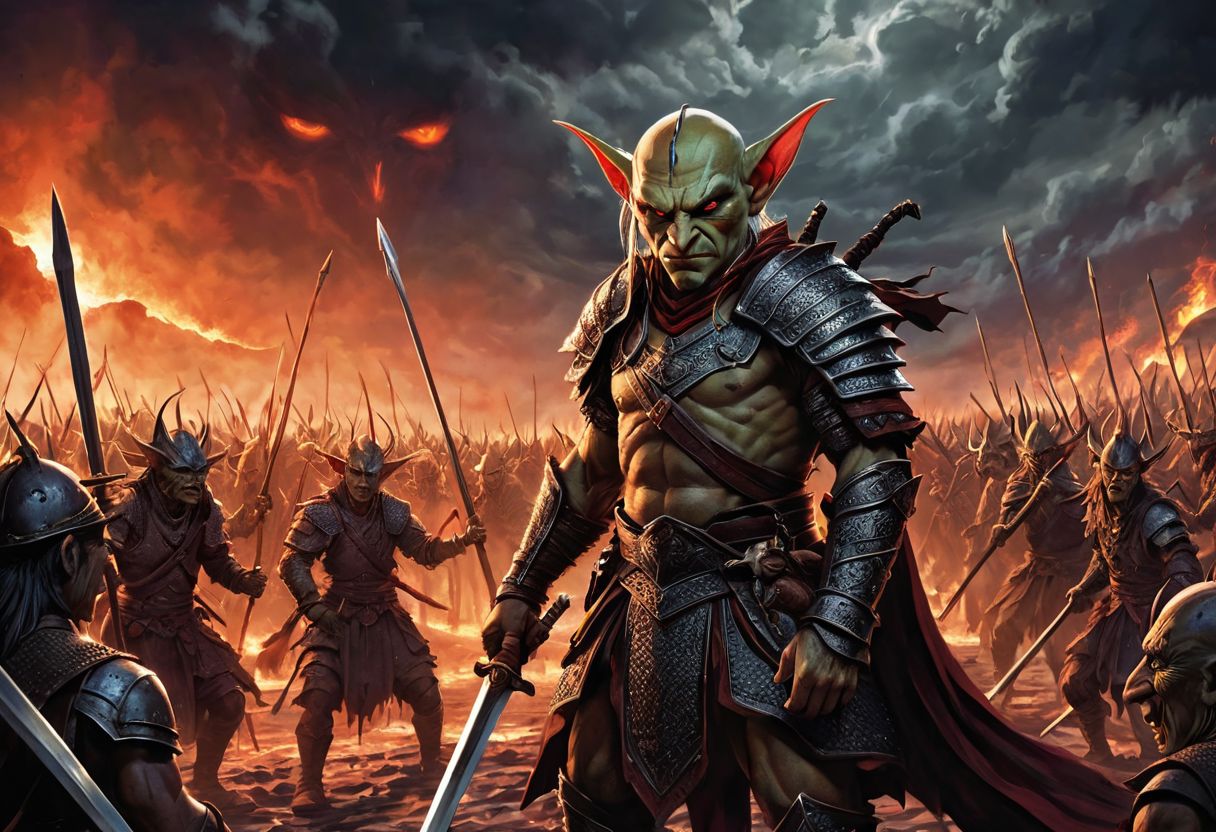 4k, high resolution, best quality, perfect colors, perfect shadows, perfect lighting, final showdown super illustration extremely detail, story of the warrior, dark sky, false glory, supernatural existence, all range, determined eyes, scary old face, following the scars, beautiful detail, bloody road, oil painting, fantasy, digital art, highly detailed, overall detail, goblin, hairless, an army of goblins holding swords marched on front of the goblin king, The crowned goblin king is tall and burly, wearing robed samurai armor, demon inside, demons fly around, the dark sky was filled with black clouds, the red moon was burning, the lights of fire were blazing, awesome background, highly detailed styling, intricate details, cinematic, Awash in a haze of light leaks reminiscent of film photography,