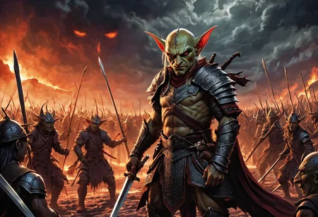 4k, high resolution, best quality, perfect colors, perfect shadows, perfect lighting, final showdown super illustration extremely detail, story of the warrior, dark sky, false glory, supernatural existence, all range, determined eyes, scary old face, following the scars, beautiful detail, bloody road, oil painting, fantasy, digital art, highly detailed, overall detail, goblin, hairless, an army of goblins holding swords marched on front of the goblin king, The crowned goblin king is tall and burly, wearing robed samurai armor, demon inside, demons fly around, the dark sky was filled with black clouds, the red moon was burning, the lights of fire were blazing, awesome background, highly detailed styling, intricate details, cinematic, Awash in a haze of light leaks reminiscent of film photography,