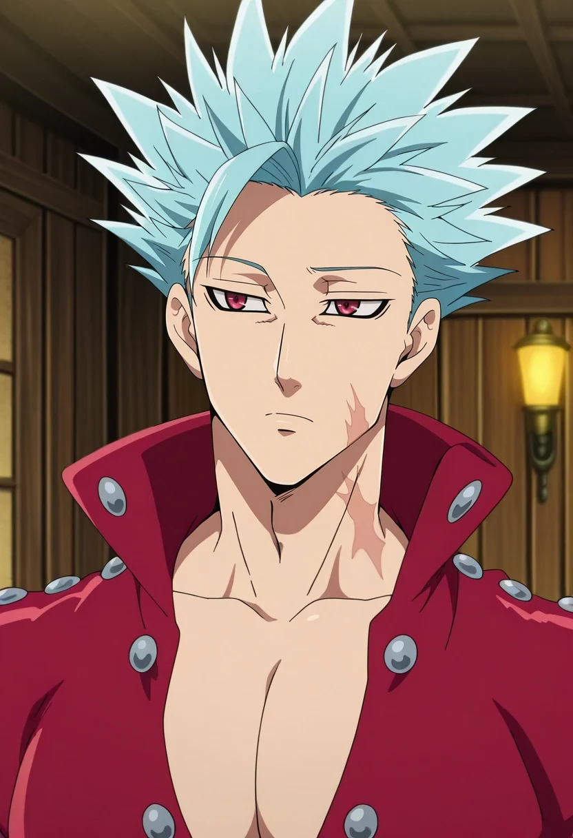 masterpiece, best quality, , anime screencap, anime coloring, official style, , 1boy, solo, male focus, <lora:ban_nanatsu_no_taizai_ilxl:0.96>, ban_nanatsu_no_taizai, blue hair, red eyes, spiked hair, scar, , , texan costume