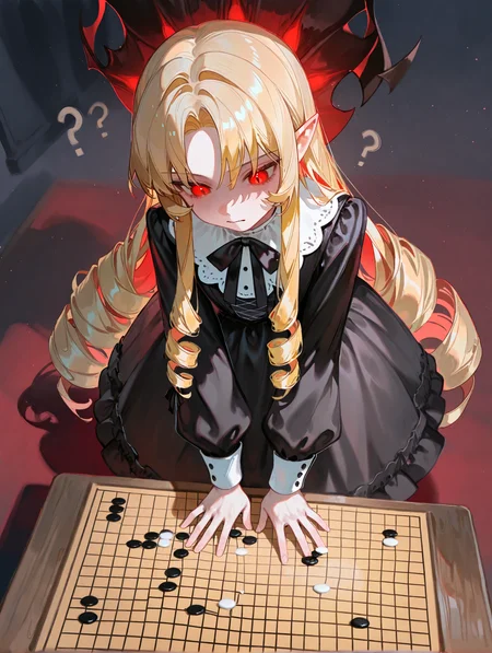 solo, 1girl, blonde_hair, red_eyes, flat_chest, vampire, drill_hair, parted_bangs, very_long_hair, sidelocks, pointy_ears, skin_fang, glowing_eyes, black dress, gothic, go \(board game\), go board on table, looking down ?, head_tilt, standing, leaning_forward, indoor, from above, sensitive, chyoel,solar,[kuzuvine],[[dino (dinoartforame)]],[[[ciloranko]]], masterpiece,best quality,newest,absurdres,highres,very awa,