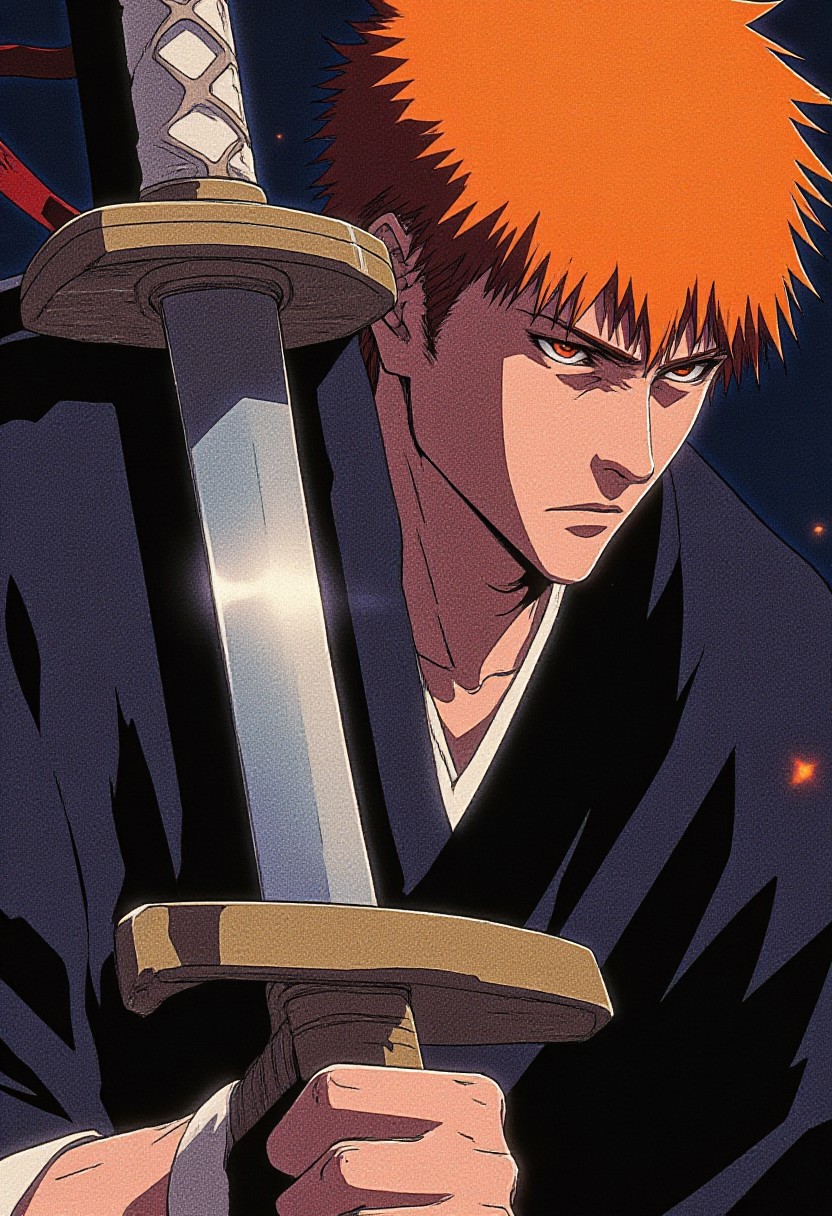 A close-up of Ichigo holding a black katana infront of his face. His blade reflecting light. 
!chigo, Ichigo Kurosaki from Bleach, wearing his signature kimono, orange spiky hair
Cinematic lighting, volumetric lighting, 8k quality