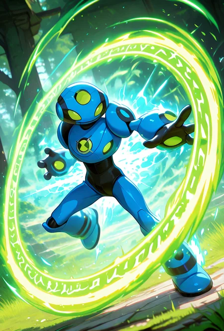 <lora:ulteco-10:1> ulteco, pokemon (creature),blue robot, green eyes, closed mouth, dynamic pose,   <lora:WeaponSpellBindIL:1> spell bind, masterpiece, best quality, amazing quality, very aesthetic, absurdres, newest,