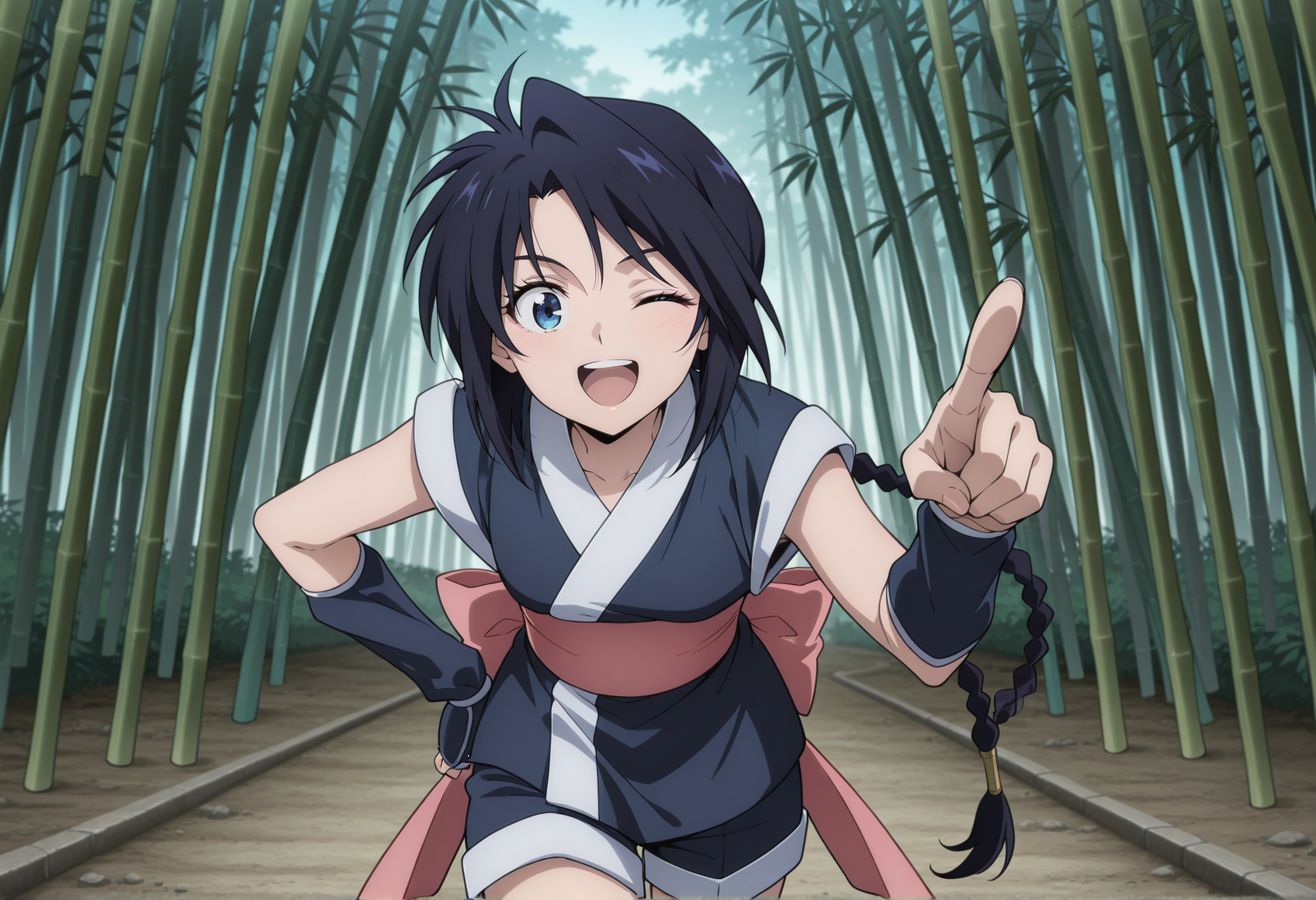 anime screencap, anime screenshot, anime coloring, 1girl, long hair, black hair, blue eyes, braid, ninja, sleeveless, obi, ribbon, shorts, arm warmers, leg wrap, tabi, sandals, hand on own hip, pointing at viewer, smile, wink, open mouth, cowboy shot, outdoors, bamboo forest   <lora:miaso_illus:1>, masterpiece, best quality, amazing quality, very aesthetic, absurdres, highres, newest