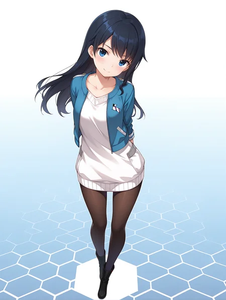 masterpiece,best quality,newest,
1girl,solo,
<lora:k_mutsumi_ilxl_v1.0:1>,k_mutsumi,black hair,long hair,blue eyes,
k_a_s,blue,sweater dress,black_pantyhose,boots,
<lora:Fixhands_anime_bdsqlsz_V1:1>,face_focus,looking_at_viewer,full body,honeycomb_background,head tilt,open_stance,standing,arms_behind_back,leaning_forward,light_blush,white_background,smile,looking_up,