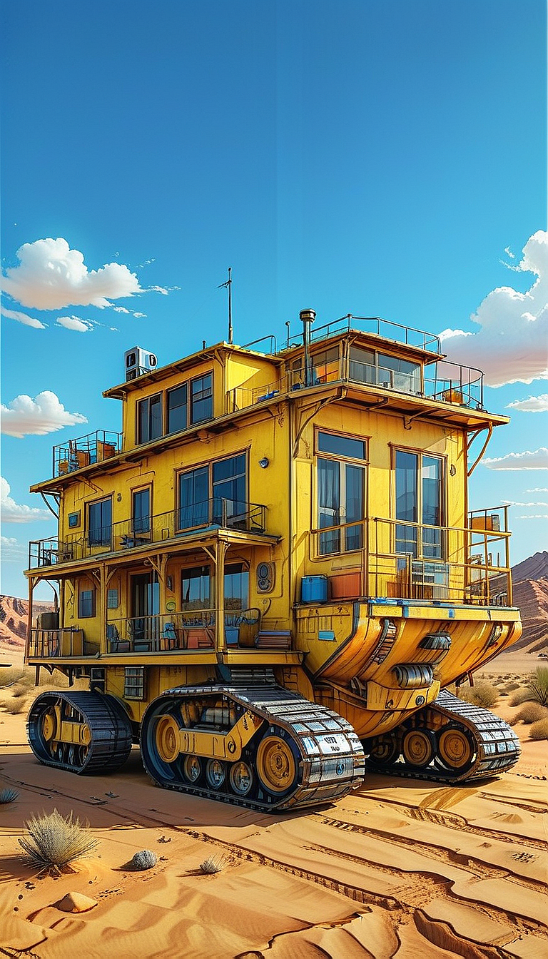 (cel-shading:2)+, (in ARTIST style:1.6), (masterpiece:1.7),  night, glow neon,
(sky, no humans, day, cloud, blue sky, outdoors, desert, vehicle focus, scenery, sand, ground vehicle, window, Tracked Vehicle, Traction City, yellow paint, house)
night, glow neon,
(masterpiece:1.8), (highest detailed:1.8), perfectly lighted, (contrast), (saturated), (((sharp focus))),
(hyperdetailed:1.3), (intricate details:1.2), (Refined details:1.3), (best quality:1.5), highly detailed textures, vibrant colors,
(ultra sharp focus:1.8), (detailed texture:1.8), (detailed edges:1.8), (thin lines:1.8), (best quality:1.8),
<lora:Apparatus_-_Traction_City_Walkers_Vehicles:0.8>,