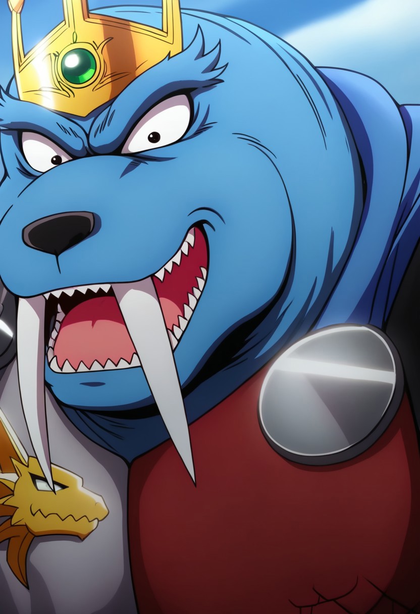 Borahorn, solo, beastman, male, black eyes, 2d, anthropomorphic walrus, armor, blue skin, muscular, walrus-like, kind of crown placed on the head, cape, dark gray cape with a blue interior, shoulder armor, dragon emblem, fantasy, large claws, claws, warrior, fangs, 4 toes, 4k, masterpiece, best quality, highly detailed, detail background, Borahorn standing with his arms crossed, looking down with a confident smile, A devastated battlefield with smoke and ruins in the background, under a cloudy sky