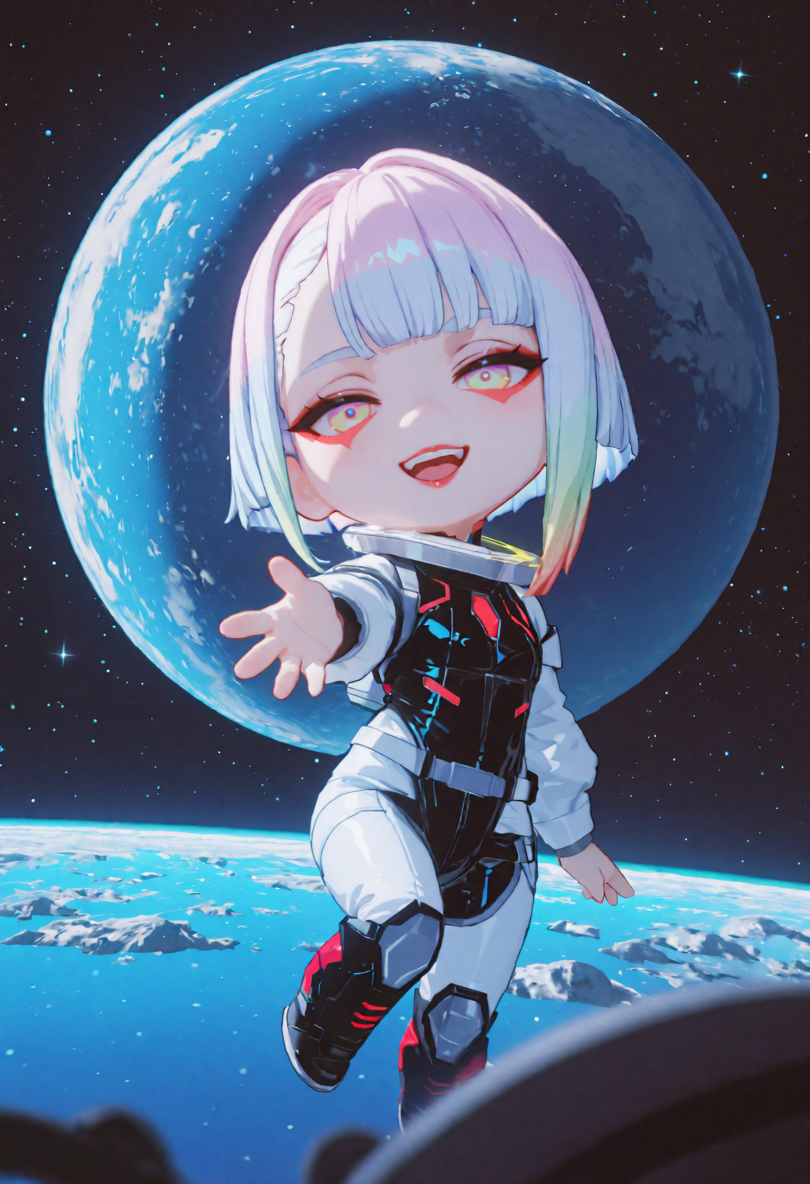 Chb3Hi3, MF9f, 3d, chibi:1.3, lucy \(cyberpunk\), 1girl, space helmet, spacesuit, space, makeup, red eyeliner, solo, helmet, eyeliner, looking at viewer, red lips, astronaut, white hair, star \(sky\), open mouth, short hair, multicolored eyes, red eyeshadow, smile, full body, reaching, reaching towards viewer, planet, yellow eyes, eyeshadow, upper teeth only, earth \(planet\), lipstick, moon, blurry foreground, teeth, starry sky, abstract background, <lora:R754496:0.4>, <lora:Chibi3D_Hi3_IL-03:1.0>, <lora:ppw_v7_Illuv0.1:0.4>, <lora:TUY5ZitkaGpzK2JubDArYUdsMA==-illustriousXL_v01_V1-CAME>