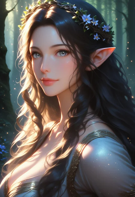 (score_9, score_8_up, score_7_up), 1girl, MILF, solo, gorgeous girl, detailed face, kawai girl, Expressiveh, <lora:add-detail-xl:1>, cute face, cute girl, Curvaceous Physique, easynegative, forest,tall trees, fog, enchanted forest, perfect quality, high quality, ambient occlusion, raytracing, source_anime, shining glossy skin, soft lighting, realistic skin, blum effect, masterpiece, absolutely eye-catching,
Lúthien, (masterpiece), best quality, expressive eyes, perfect face, black hair, ((pointy ears:0.6)), perfect eyes, ((grey eyes)), silhouette, light particles, view from side, long flowing hair, ((Lord of the Rings elven dress intricate)), simple medival dress, linen dress, flower crown, steam, fog,