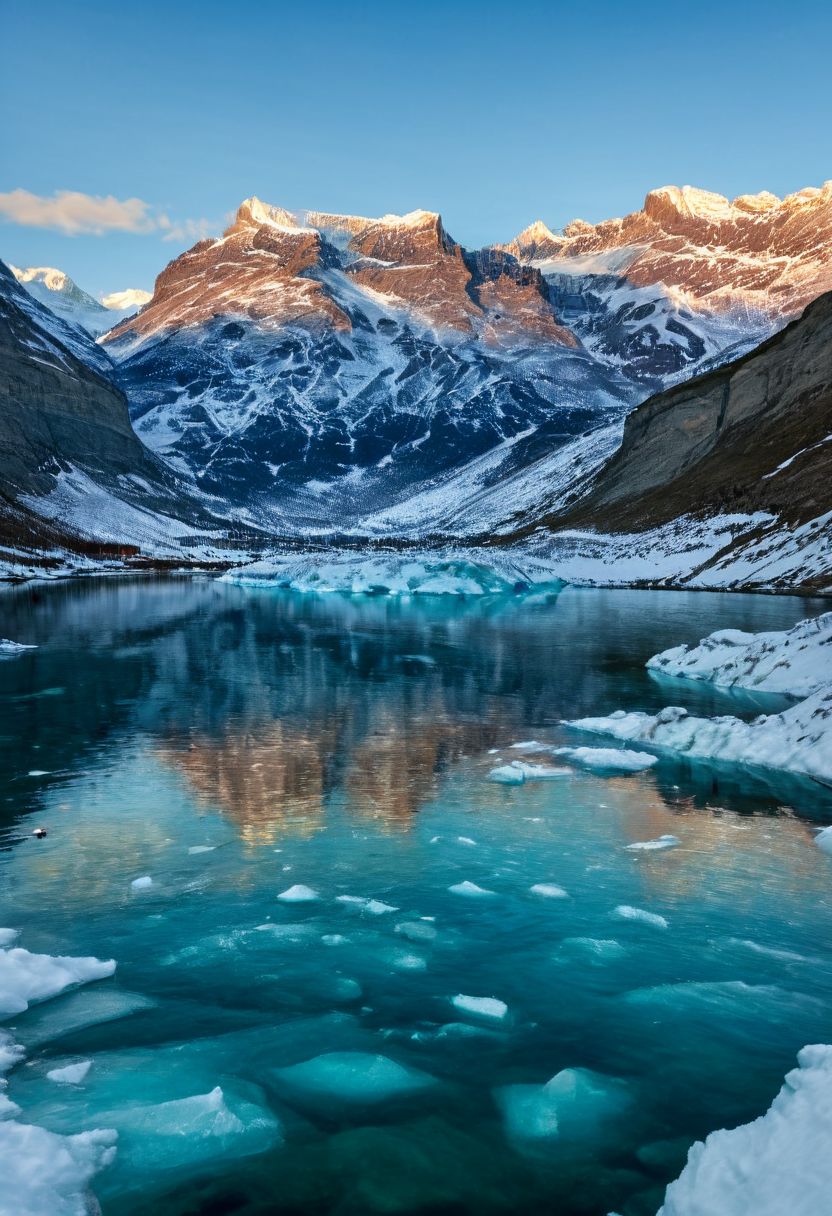 mountains are reflected in the water of a lake surrounded by snow, shutterstock, toronto, [[fantasy]], hdr smooth, icebergs in the background, intricate  , by Richard Carline, vibrant light, shiny skin 