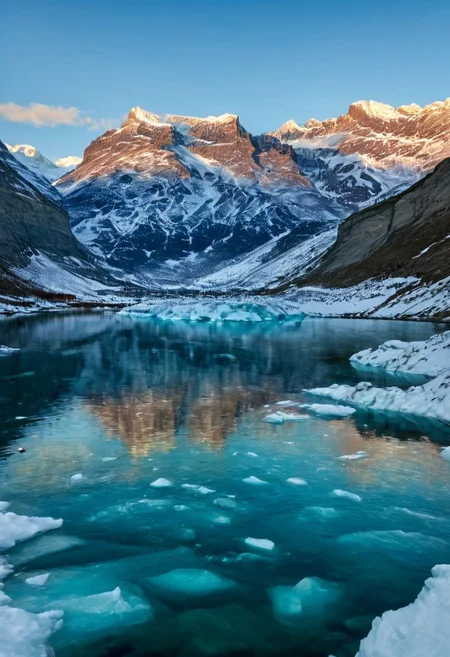 mountains are reflected in the water of a lake surrounded by snow, shutterstock, toronto, [[fantasy]], hdr smooth, icebergs in the background, intricate  , by Richard Carline, vibrant light, shiny skin 