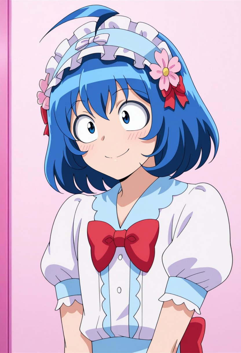 masterpiece,best quality,amazing quality, source_anime,
IrumaSuzuki, 1boy, male focus, solo, blue eyes, blue hair, ahoge, crossdressing, maid headdress, hair ornament, hair flower, shirt, white shirt, puffy short sleeves, frills, bow, red bow, smile, closed mouth, blush, embarassed, indoor,