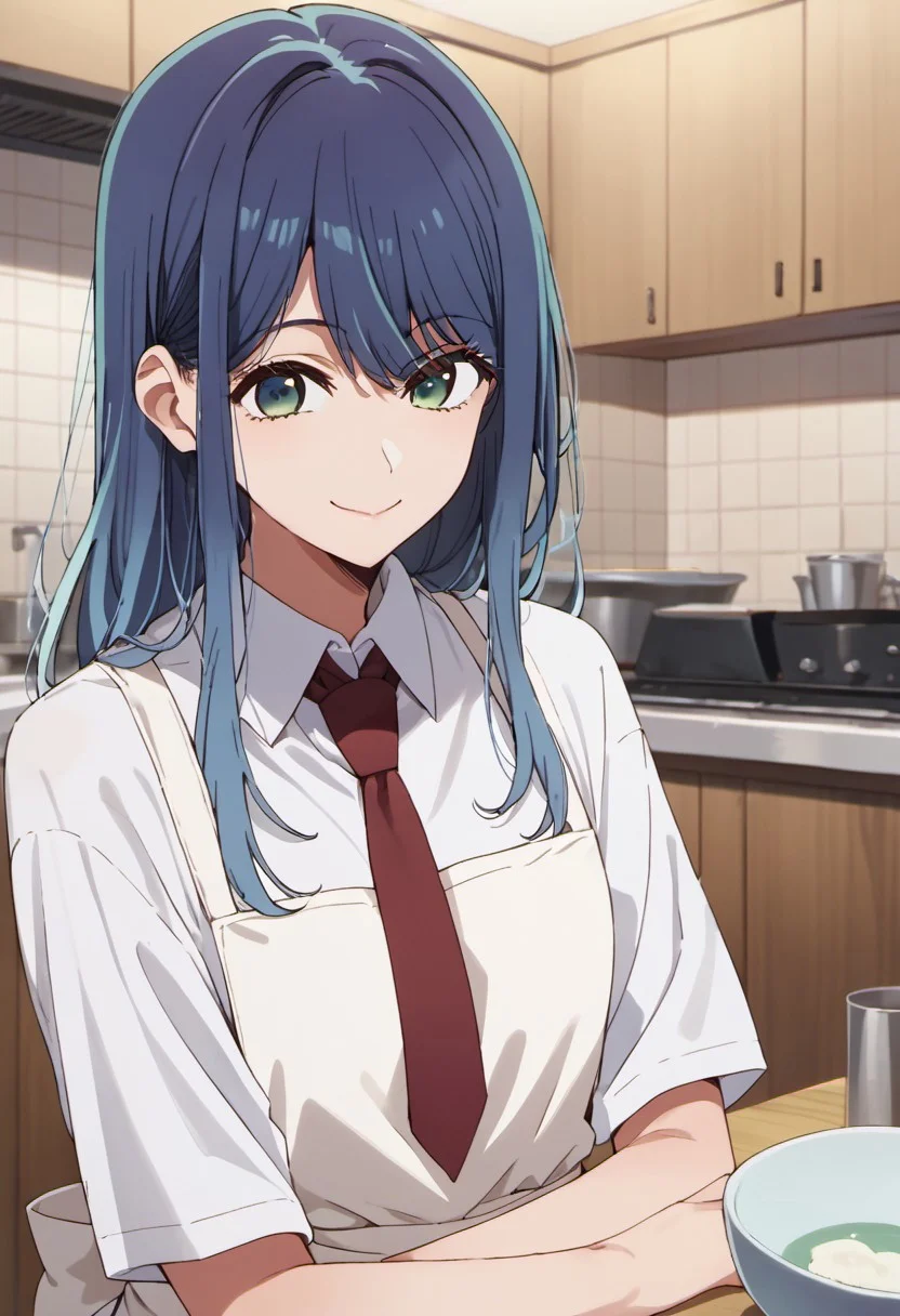 score_9, score_8_up, score_7_up, source_anime, kurokawa akane, blue hair, long hair, blue green eyes, 1girl, solo, necktie, shirt, white shirt, apron, smile, collared shirt, red necktie, closed mouth, indoors