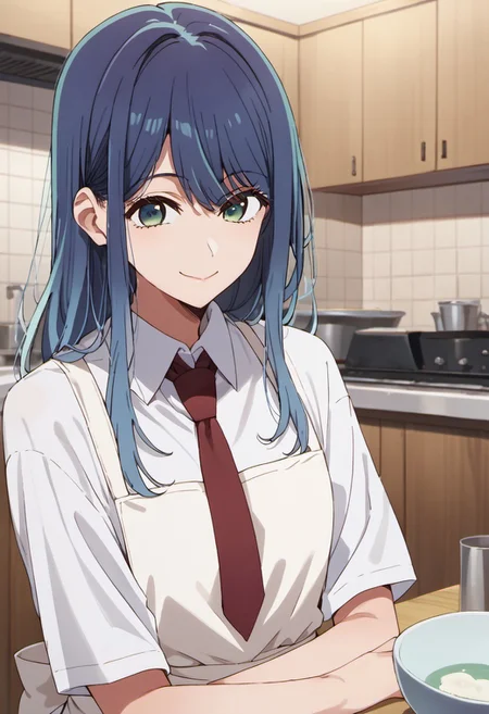 score_9, score_8_up, score_7_up, source_anime, kurokawa akane, blue hair, long hair, blue green eyes, 1girl, solo, necktie, shirt, white shirt, apron, smile, collared shirt, red necktie, closed mouth, indoors