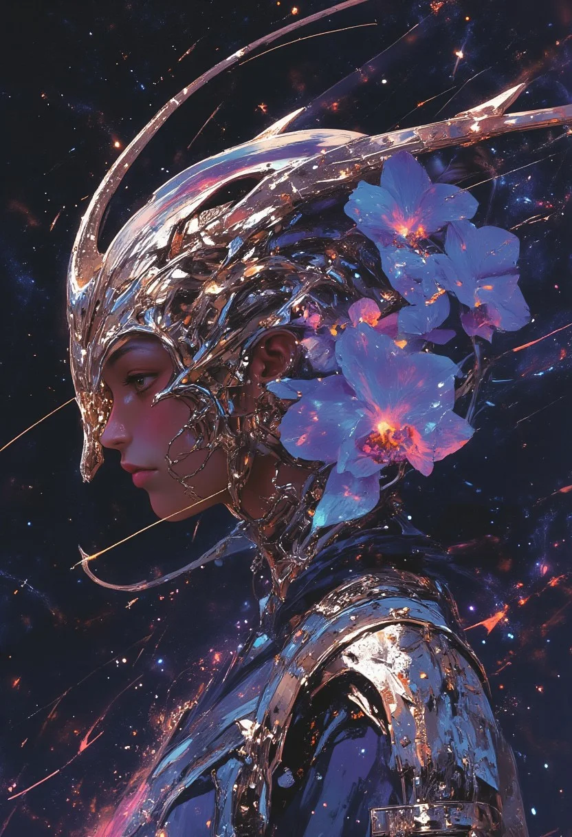A hyper-realistic mid-shot portrait of a young woman wearing a striking, avant-garde symmetrical *futuristic* mask, crafted from intricately woven netting with shimmering metallic silver accents and complex, abstract geometric patterns. The mask covers the upper half of her face, outlined with delicate, glistening iridescent thread that reflects light in various hues. A vibrant blue orchid partially obscures her face, its petals a blend of electric blue and soft white, creating a dynamic contrast with the mask. She strikes a dynamic, aesthetic pose, with her body slightly turned, yet her head facing forward, exuding confidence and strength. The background is an ethereal space scene, filled with swirling nebulae and twinkling stars in deep purple, violet, and black, with hints of glittering stardust. The colors of the mask, flower, and her glowing, pale skin stand out sharply against the cosmic backdrop, with the lighting highlighting the intricate details of the mask and flower while casting soft glows around her eyes and the mouse she holds delicately in her hand. The lighting creates a surreal, dreamlike atmosphere, with the glimmering accents and starry background adding depth and mystery to the composition. mythp0rt