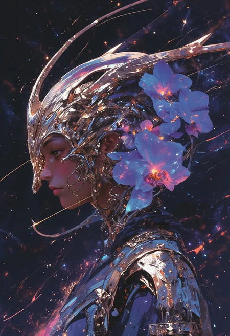 A hyper-realistic mid-shot portrait of a young woman wearing a striking, avant-garde symmetrical *futuristic* mask, crafted from intricately woven netting with shimmering metallic silver accents and complex, abstract geometric patterns. The mask covers the upper half of her face, outlined with delicate, glistening iridescent thread that reflects light in various hues. A vibrant blue orchid partially obscures her face, its petals a blend of electric blue and soft white, creating a dynamic contrast with the mask. She strikes a dynamic, aesthetic pose, with her body slightly turned, yet her head facing forward, exuding confidence and strength. The background is an ethereal space scene, filled with swirling nebulae and twinkling stars in deep purple, violet, and black, with hints of glittering stardust. The colors of the mask, flower, and her glowing, pale skin stand out sharply against the cosmic backdrop, with the lighting highlighting the intricate details of the mask and flower while casting soft glows around her eyes and the mouse she holds delicately in her hand. The lighting creates a surreal, dreamlike atmosphere, with the glimmering accents and starry background adding depth and mystery to the composition. mythp0rt