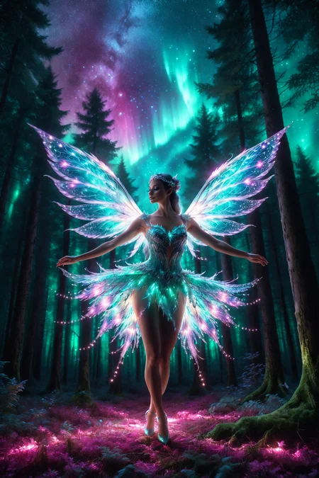 fairy dancer with glowing wings, morph-aurora, moonlit forest with silver glow, detailed background, best quality, vibrant colors, realistic style, high detail, hyper-realistic, highres, 4K resolution, realistic photo, masterpiece, ultra-detailed, cosmic shine, teals and magentas, radiant shine, wide shot, <lora:add-detail-xl:1> <lora:aurora_0_100_V1-000009:0.65>