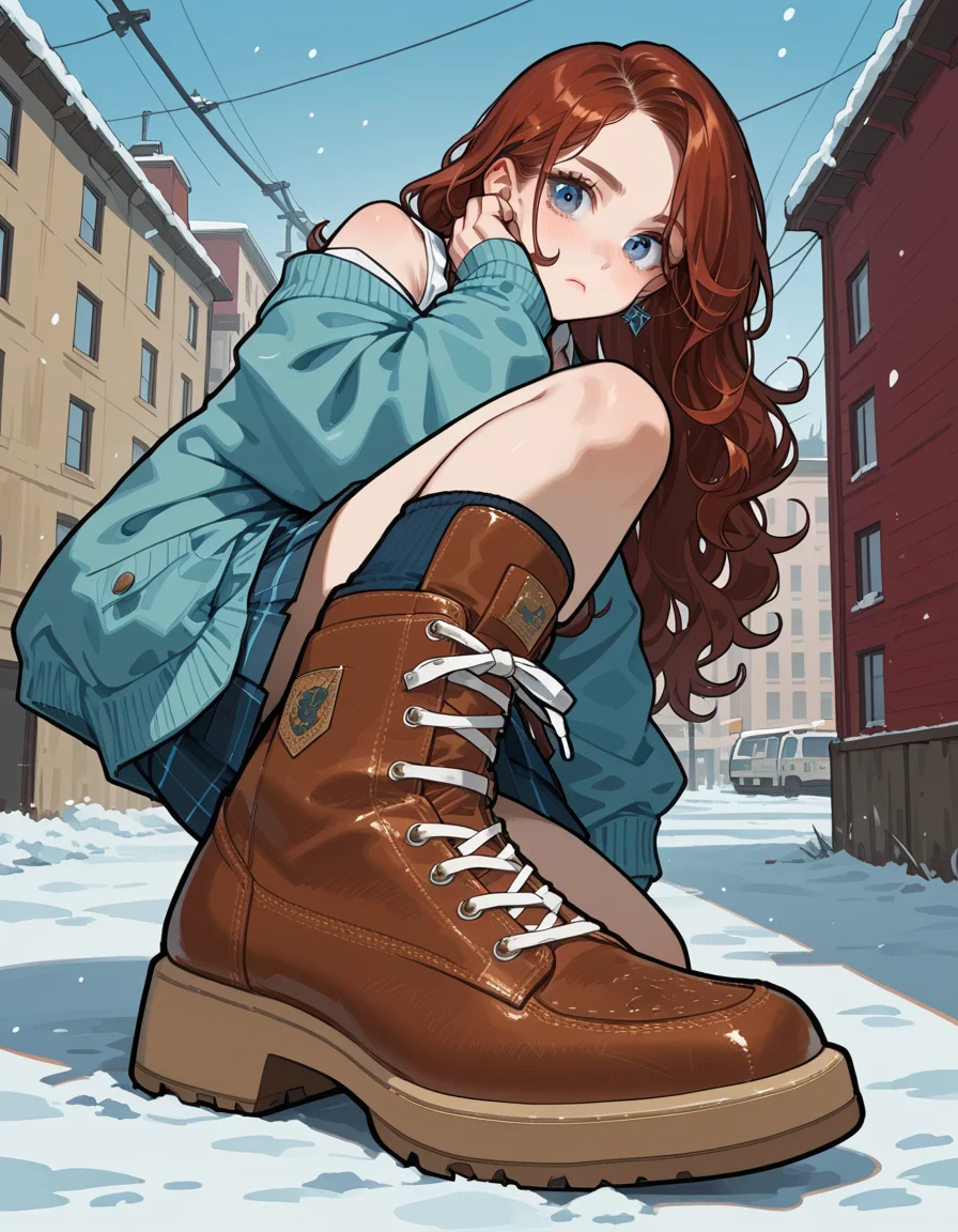 score_9, score_8_up, score_7_up, score_6_up, score_5_up, score_4_up, hud_sh03_sh0w, 1girl, solo, Blue , Snow Boots, Cable knit cardigan, white tank top, navy plaid skirt, and brown knee-high boots, Escort, Average Height, Wide Hips, Square Face, Fair Skin, Auburn Hair, ice blue Eyes, Straight Nose, Thin Lips, Sharp Chin, Shoulder-Length Hair, Wavy Hair, Sleek Straight Hair, asymmetrical breasts, Huggie earrings, rust metallic lipstick, Private preparatory school foreshortening, looking at viewer, <lora:showinshoes:0.8>, outdoors,